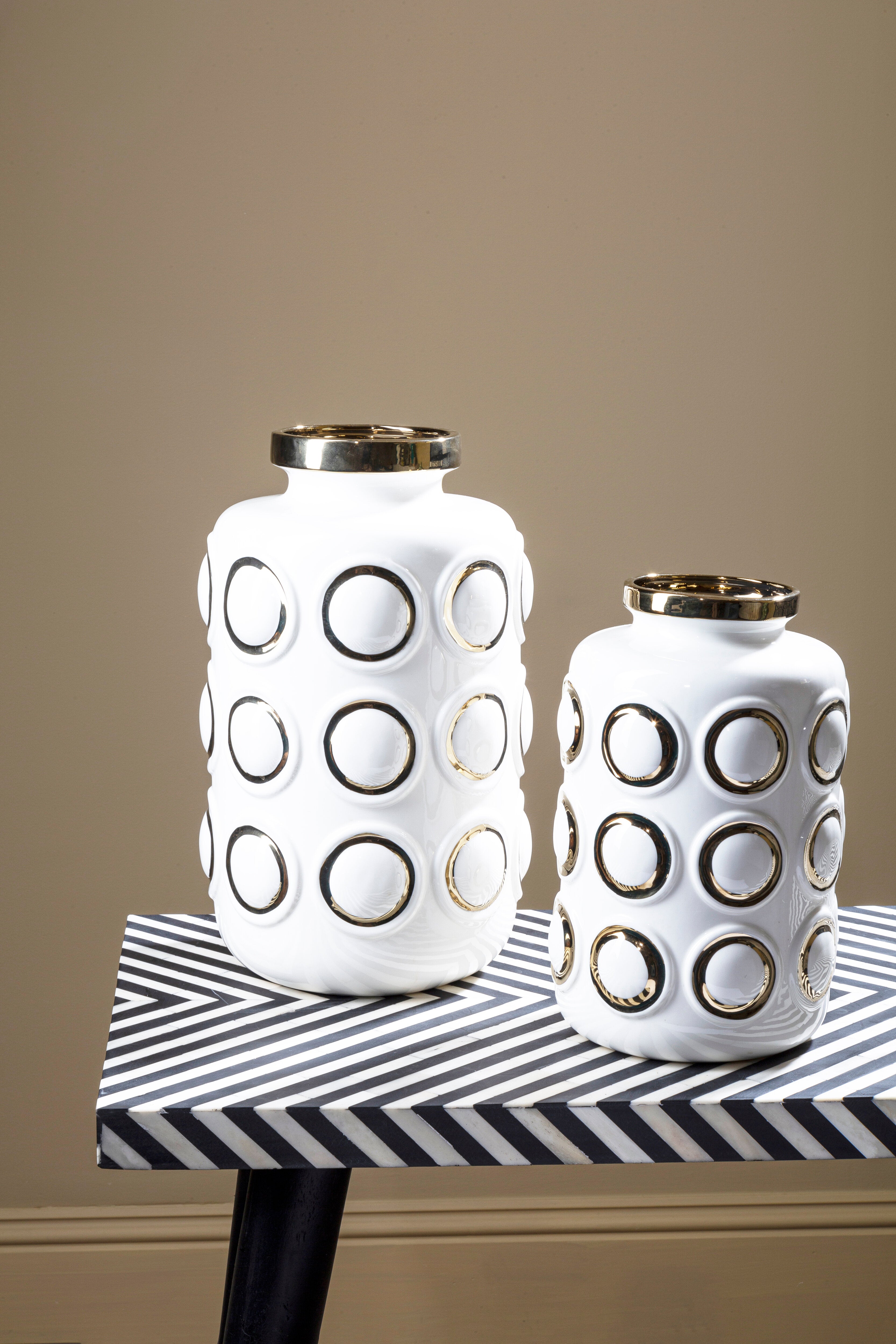 Torello White & Gold Embossed Rings Ceramic Vase | Large